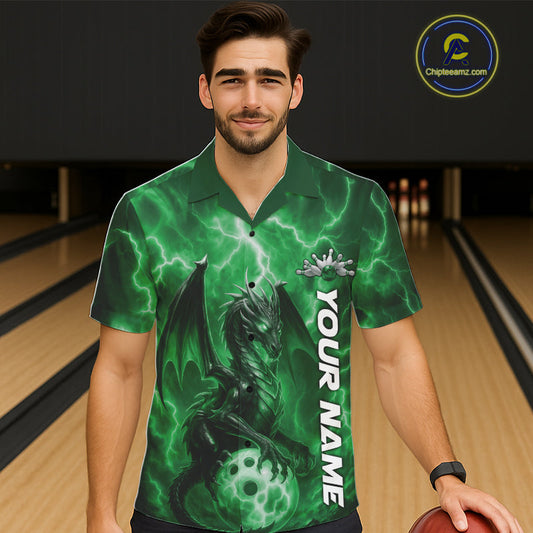 Custom Green Thunder Lightning Bowling Team Men And Women Hawaiian Shirt, Dragon Bowling Jerseys IPHW10199