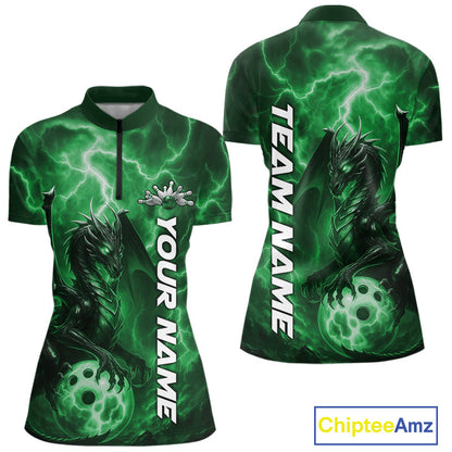 Custom Green Thunder Lightning Bowling Team Women Shirt, Dragon Bowling Jerseys IPHW10199