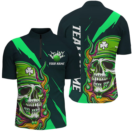 Custom St Patrick'S Day Skull Unisex Bowling Polo /Quarter-Zip Shirts, Green Bowling Team Shirt IPHW5981