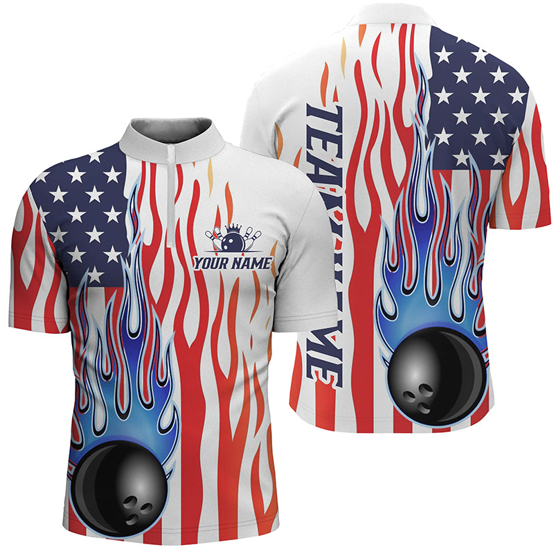 Custom Flame American Flag Bowling Shirt For Men, Patriotic Bowling Uniform Bowling League Shirts IPHW5985