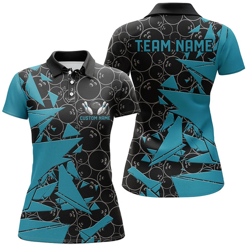 Custom Blue Bowling Team Shirts For Women, Bowling Ball Pattern Bowlers Outfits IPHW6267