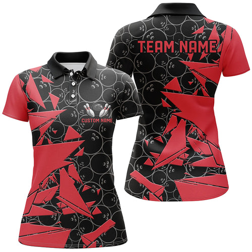Custom Red Bowling Team Shirts For Women, Bowling Ball Pattern Bowlers Outfits IPHW6269
