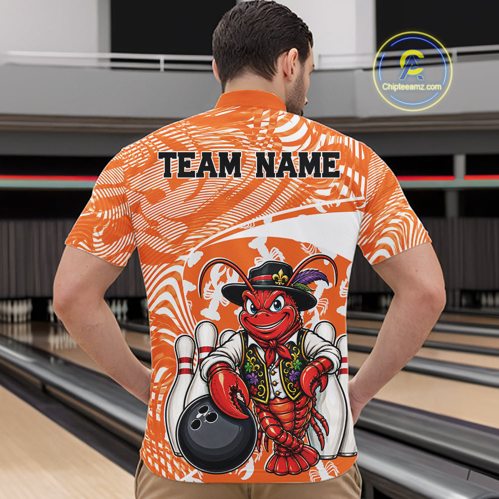Back view of a male model in a bowling alley wearing an orange custom quarter-zip bowling shirt with a funny Cajun crawfish leaning on a bowling ball and a swamp-inspired texture background.