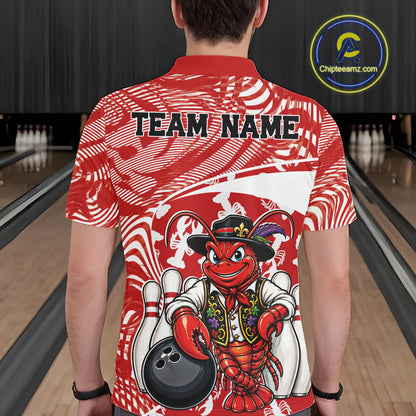 Back view of a male model in a bowling alley wearing a red custom bowling polo shirt with a funny Cajun crawfish leaning on a bowling ball and a swamp inspired texture background.