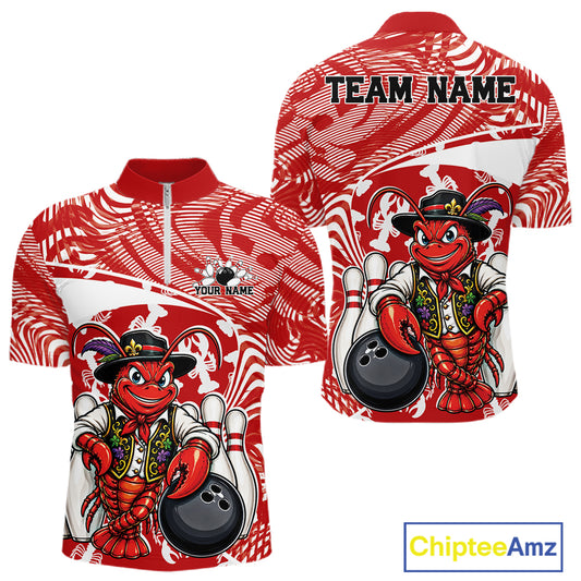 Front and back views of a red custom quarter-zip bowling shirt featuring a funny Cajun crawfish leaning on a bowling ball with a swamp-inspired texture background.