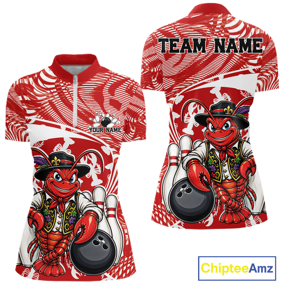Front and back views of a red custom women's quarter-zip bowling shirt featuring a funny Cajun crawfish leaning on a bowling ball with a swamp-inspired texture background.