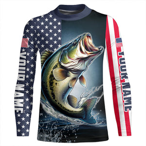 Personalized American Flag Bass Long Sleeve Fishing Shirts, Patriotic Bass Fishing Jerseys IPHW6877