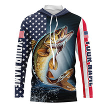 Load image into Gallery viewer, Personalized American Flag Walleye Long Sleeve Fishing Shirts, Patriotic Walleye Fishing Jerseys IPHW6878