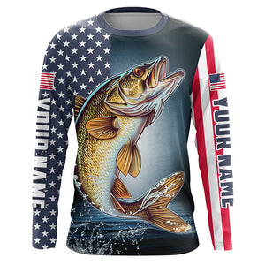 Personalized American Flag Walleye Long Sleeve Fishing Shirts, Patriotic Walleye Fishing Jerseys IPHW6878