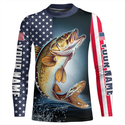 Personalized American Flag Walleye Long Sleeve Fishing Shirts, Patriotic Walleye Fishing Jerseys IPHW6878