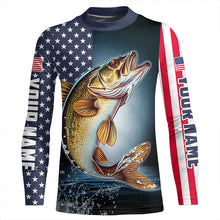 Load image into Gallery viewer, Personalized American Flag Walleye Long Sleeve Fishing Shirts, Patriotic Walleye Fishing Jerseys IPHW6878