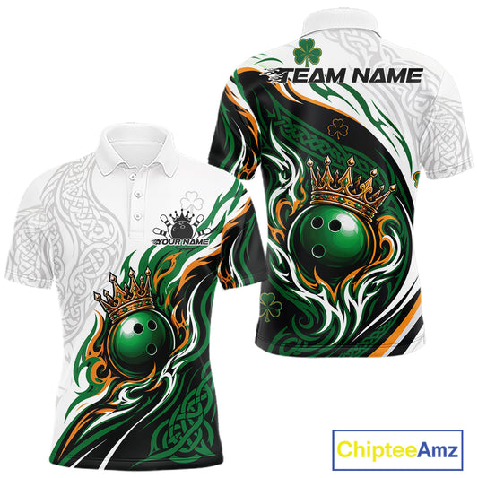Custom White And Green Irish Tribal Pattern Bowling Ball With Crown Men Polo Team Shirt IPHW11696