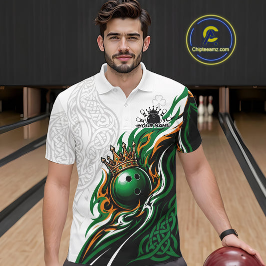 Custom White And Green Irish Tribal Pattern Bowling Ball With Crown Men Polo Team Shirt IPHW11696