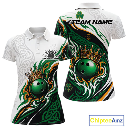 Custom White And Green Irish Tribal Pattern Bowling Ball With Crown Women Polo Team Shirt IPHW11696