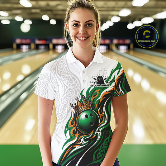 Custom White And Green Irish Tribal Pattern Bowling Ball With Crown Women Polo Team Shirt IPHW11696
