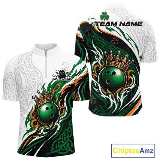 Custom White And Green Irish Tribal Pattern Bowling Ball With Crown Men Quarter Zip Team Shirt IPHW11696