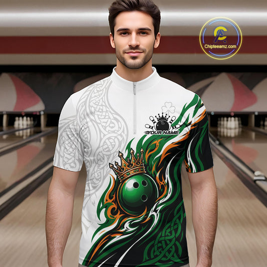 Custom White And Green Irish Tribal Pattern Bowling Ball With Crown Men Quarter Zip Team Shirt IPHW11696