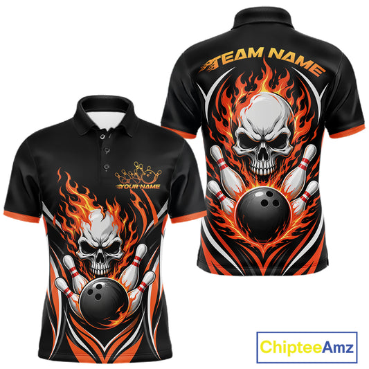Custom Orange Flame Skull Bowling Men Polo Shirt, Halloween Bowling Jersey IPHW11698