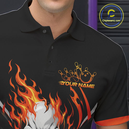 Custom Orange Flame Skull Bowling Men Polo Shirt, Halloween Bowling Jersey IPHW11698