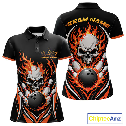 Custom Orange Flame Skull Bowling Women Polo Shirt, Halloween Bowling Jersey IPHW11698