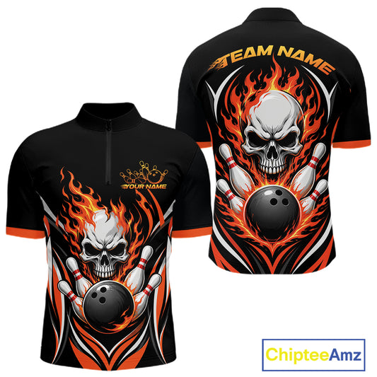 Custom Orange Flame Skull Bowling Men Quarter Zip Shirt, Halloween Bowling Jersey IPHW11698