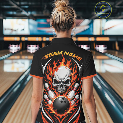 Custom Orange Flame Skull Bowling Women Quarter-Zip Shirt, Halloween Bowling Jersey IPHW11698