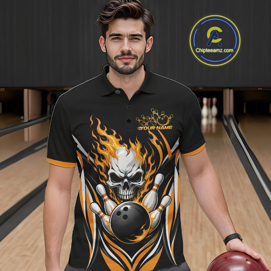Custom Yellow Flame Skull Bowling Men Polo Shirt, Halloween Bowling Jersey IPHW11699