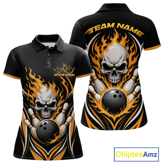 Custom Yellow Flame Skull Bowling Women Polo Shirt, Halloween Bowling Jersey IPHW11699