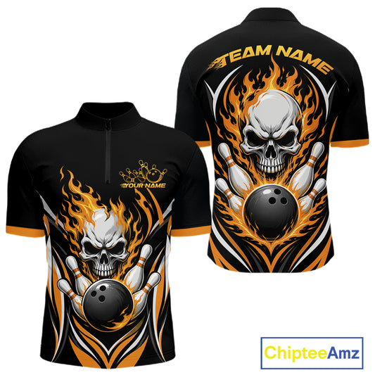 Custom Yellow Flame Skull Bowling Men Quarter Zip Shirt, Halloween Bowling Jersey IPHW11699