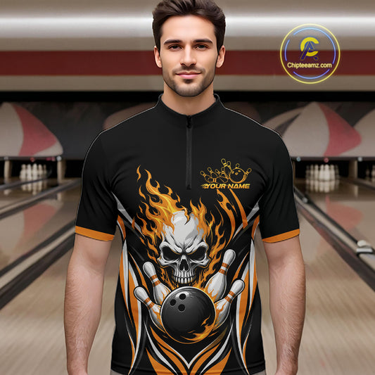 Custom Yellow Flame Skull Bowling Men Quarter Zip Shirt, Halloween Bowling Jersey IPHW11699