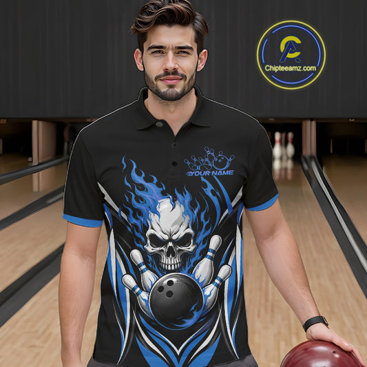 Custom Blue Flame Skull Bowling Men Polo Shirt, Halloween Bowling Jersey IPHW11701