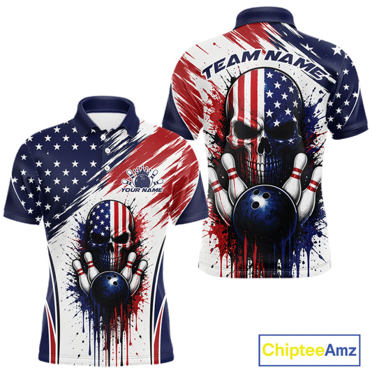 Custom Patriotic American Flag Skull Bowling Team Men Polo Shirt, US Flag Bowling Jersey IPHW11703