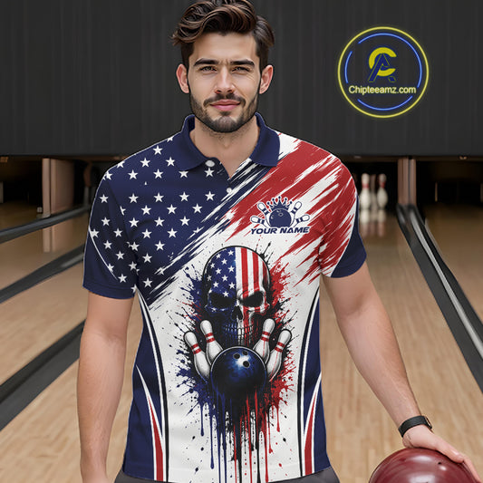 Custom Patriotic American Flag Skull Bowling Team Men Polo Shirt, US Flag Bowling Jersey IPHW11703