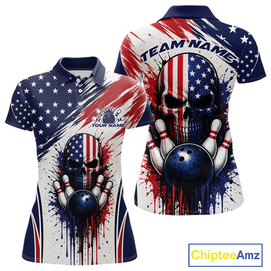 Custom Patriotic American Flag Skull Bowling Team Women Polo Shirt, US Flag Bowling Jersey IPHW11703