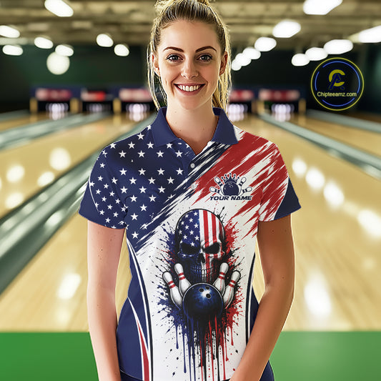 Custom Patriotic American Flag Skull Bowling Team Women Polo Shirt, US Flag Bowling Jersey IPHW11703