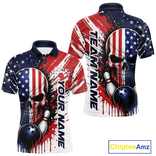Custom Patriotic American Flag Skull Bowling Team Men Polo Shirt, US Flag Bowling Jersey IPHW11704