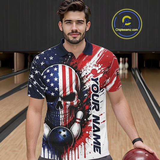 Custom Patriotic American Flag Skull Bowling Team Men Polo Shirt, US Flag Bowling Jersey IPHW11704