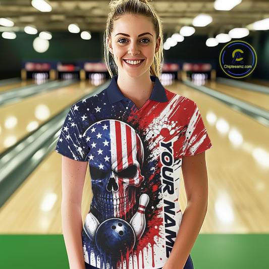 Custom Patriotic American Flag Skull Bowling Team Women Polo Shirt, US Flag Bowling Jersey IPHW11704