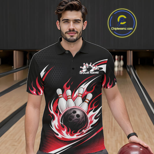Custom Red Flame Bowling Jerseys, Bowling Team Men Polo Shirt Bowlers Outfit IPHW11707