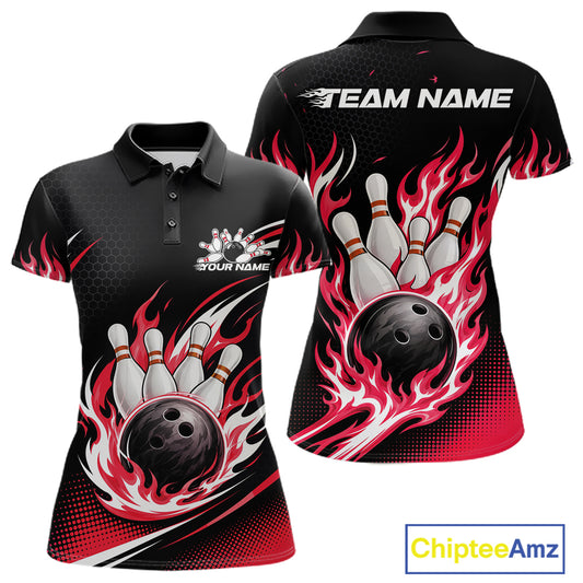 Custom Red Flame Bowling Jerseys, Bowling Team Women Polo Shirt Bowlers Outfit IPHW11707