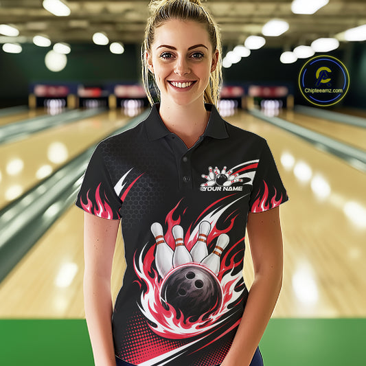 Custom Red Flame Bowling Jerseys, Bowling Team Women Polo Shirt Bowlers Outfit IPHW11707
