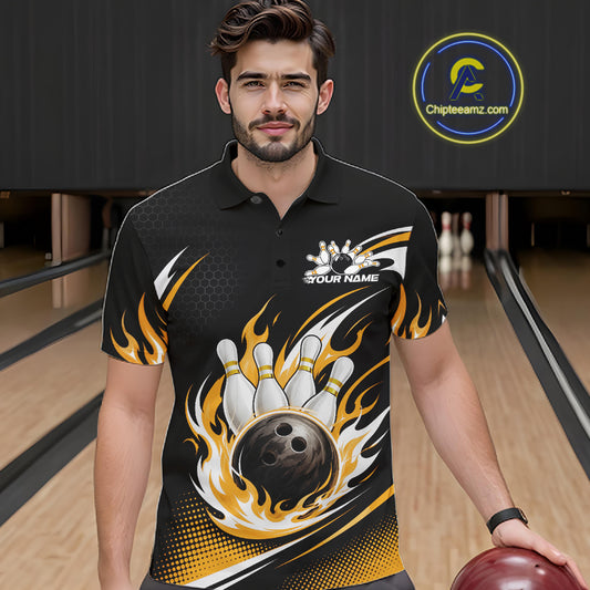 Custom Yellow Flame Bowling Jerseys, Bowling Team Men Polo Shirt Bowlers Outfit IPHW11708