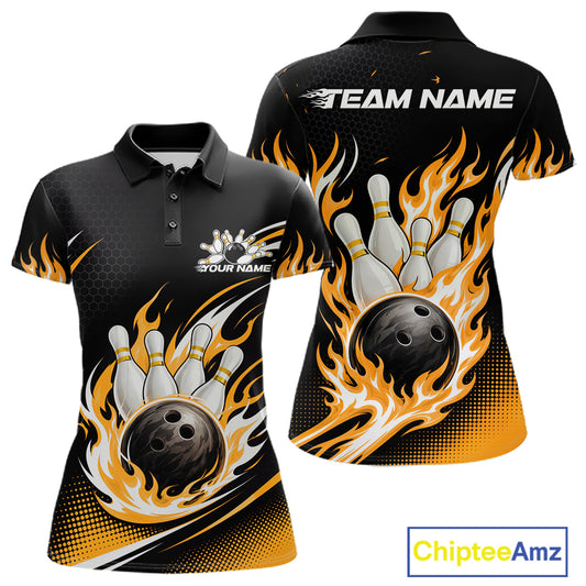 Custom Yellow Flame Bowling Jerseys, Bowling Team Women Polo Shirt Bowlers Outfit IPHW11708