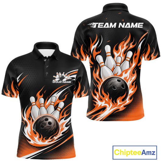 Custom Orange Flame Bowling Jerseys, Bowling Team Men Polo Shirt Bowlers Outfit IPHW11709