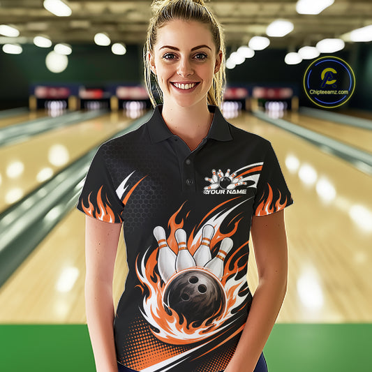 Custom Orange Flame Bowling Jerseys, Bowling Team Women Polo Shirt Bowlers Outfit IPHW11709