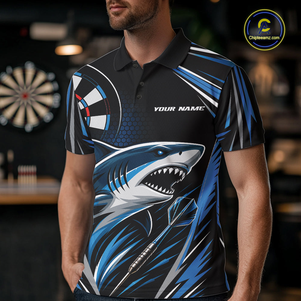 Custom Black And Blue Shark Darts Jerseys, Darts Team Men Polo Shirt IPHW11714