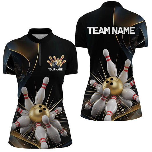 Personalized Bowling Shirts For Women, Golden Bowling Polo Shirts For Women With Team Name IPHW7334