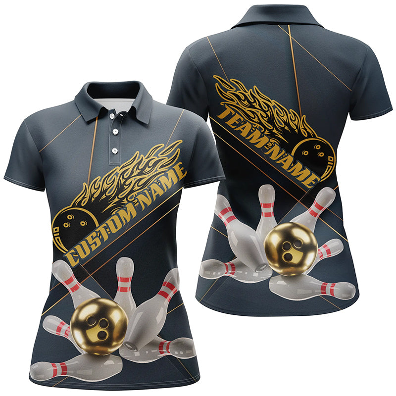 Custom Golden Bowling Shirts For Women, Flame Bowling Team Shirts Bowling Uniform IPHW7335