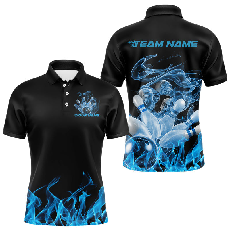 Custom Black And Blue Flame Bowling Polo Shirts For Men, Blue Smoke Bowling Team Shirt IPHW8059