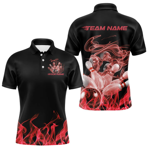 Custom Black And Red Flame Bowling Polo Shirts For Men, Red Smoke Bowling Team Shirt IPHW8060